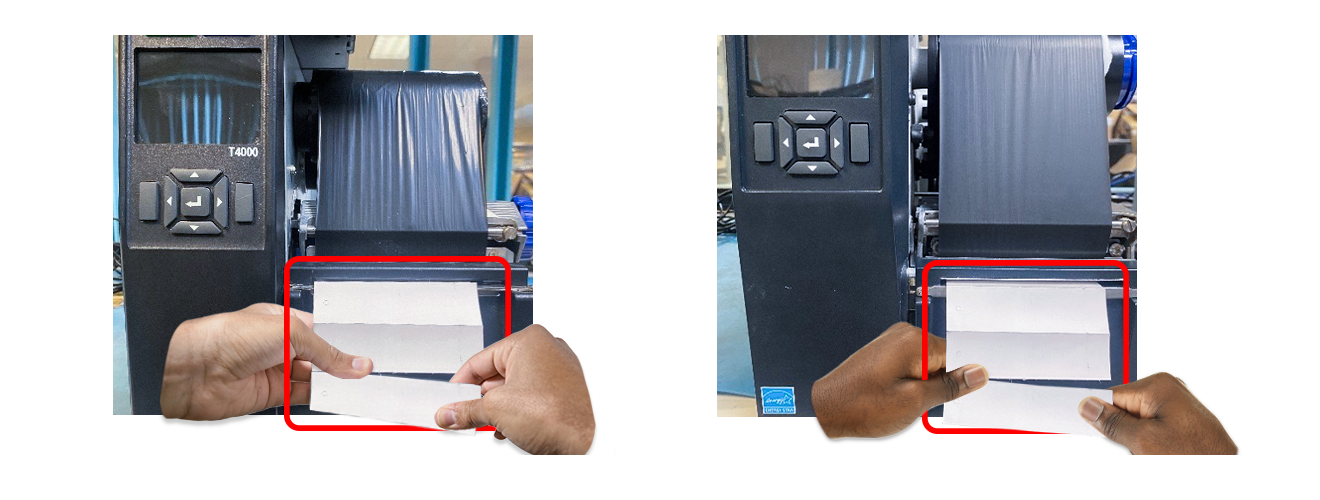 Figure 3: T4000 and T6000e (External Antenna) Calibration with Perforated Labels Break the Tag Strip at the Front of the Printer Leaving at least Two Full Labels Exposed