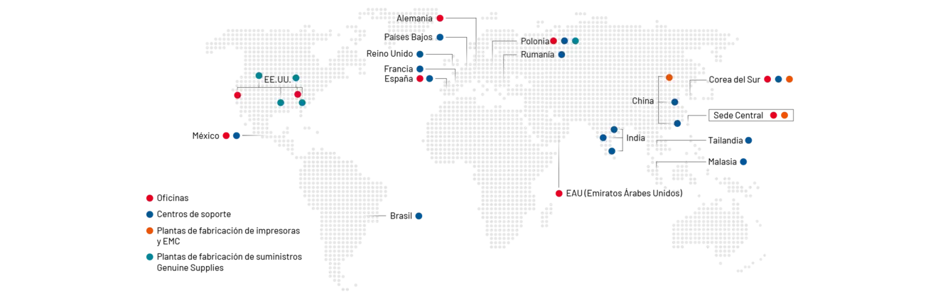 Global map showing TSC Auto ID’s worldwide offices, support hubs, and manufacturing sites.